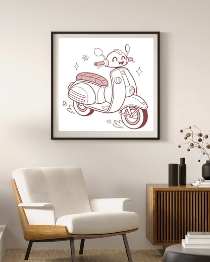 Cadre avec scooter joyeux et moderne pour égayer un espace urbain