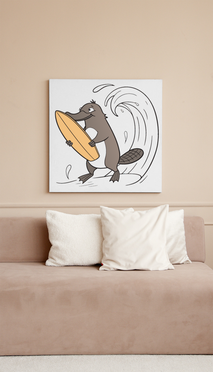 Cadre décoratif avec ornithorynque surfeur dans une scène de plage colorée