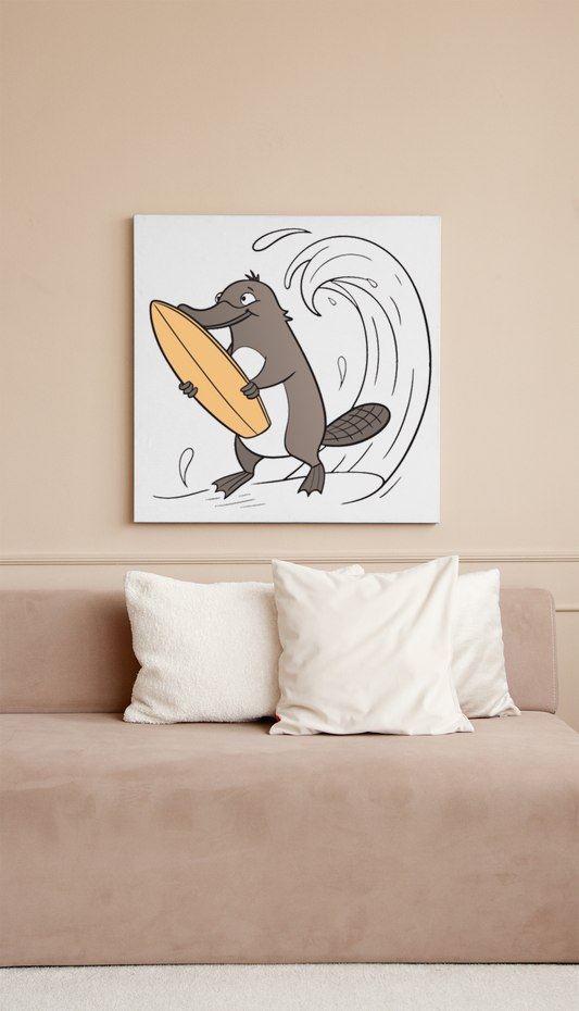 Cadre décoratif avec ornithorynque surfeur dans une scène de plage colorée