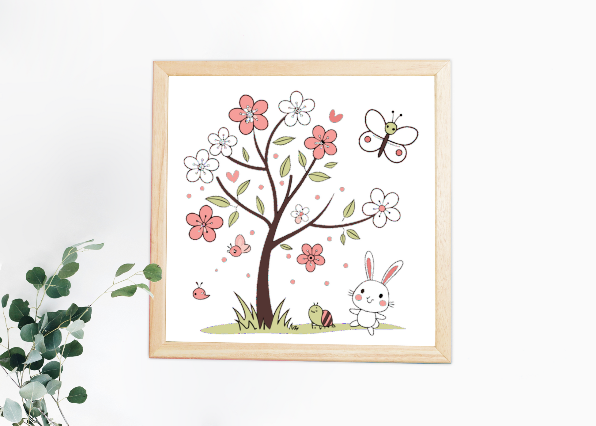 Cadre décoratif avec motif doux de lapin joueur entouré de fleurs au printemps