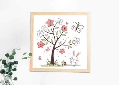Cadre décoratif avec motif doux de lapin joueur entouré de fleurs au printemps