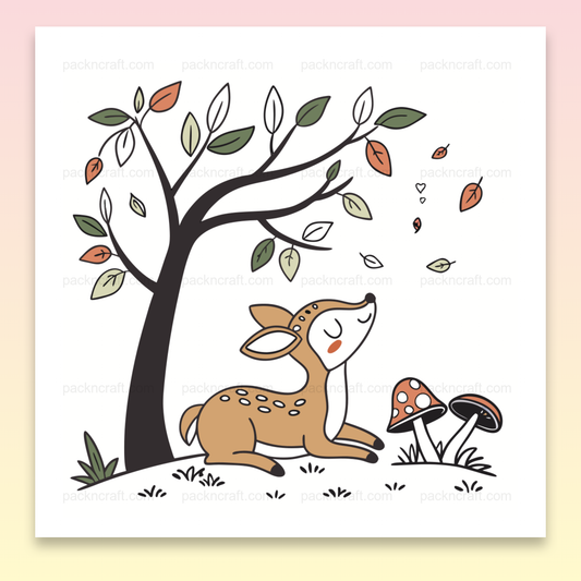 Illustration de faon rêveur sous un arbre en automne, idéale pour projets DIY.