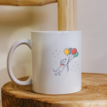 Mug décoré d'un chien joyeux avec ballons en style vectoriel amusant