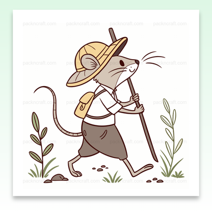 Illustration d'une souris explorateur avec un chapeau et un bâton, idéale pour projets DIY et éducatifs