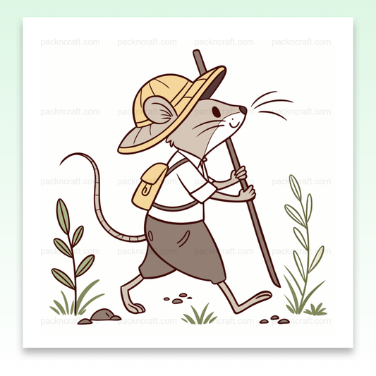 Illustration d'une souris explorateur avec un chapeau et un bâton, idéale pour projets DIY et éducatifs