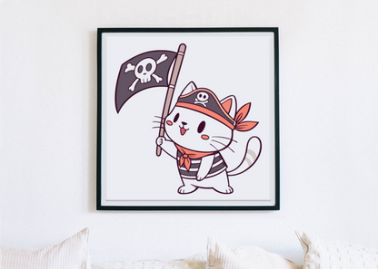 Cadre décoratif avec chat pirate joyeux en style kawaii pour aventure maritime