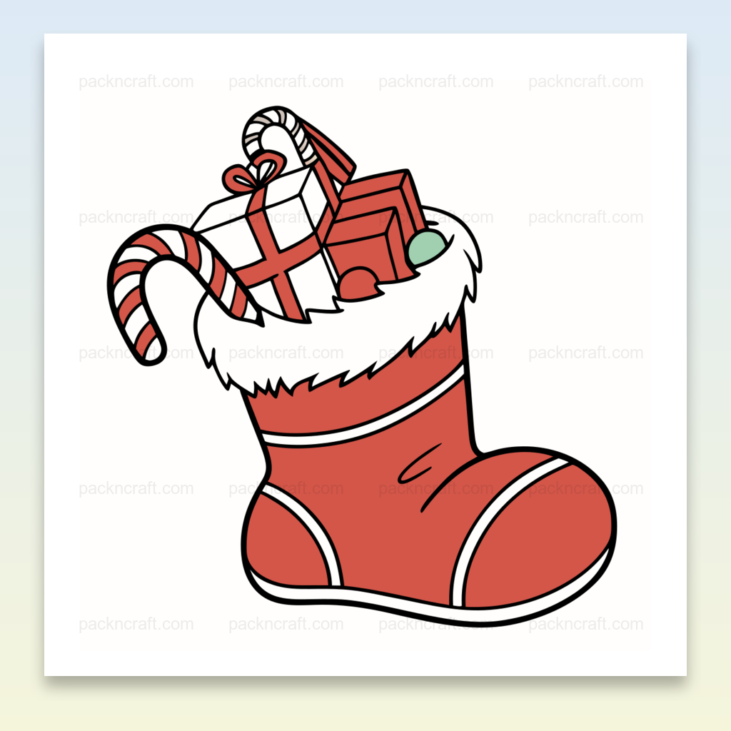 Illustration d'une chaussette de Noël ornée de cadeaux en style dessin, pour projets déco.