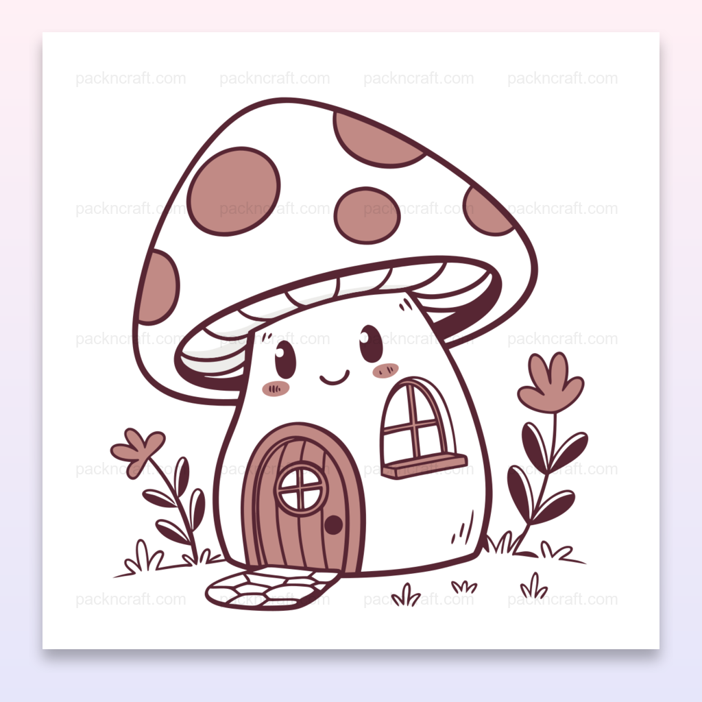 Illustration doodle de maison champignon souriante pour projets créatifs et éducatifs.