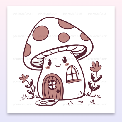 Illustration doodle de maison champignon souriante pour projets créatifs et éducatifs.