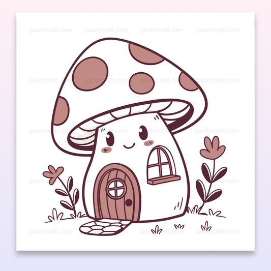 Illustration doodle de maison champignon souriante pour projets créatifs et éducatifs.