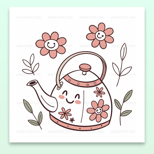 Illustration SVG d'une théière fleurie souriante avec des fleurs de printemps.