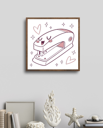 Cadre décoratif ambiance scolaire avec une agrafeuse joyeuse au design ludique