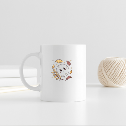 Mug en céramique avec une lune souriante pastel sur thème automnal et naturel