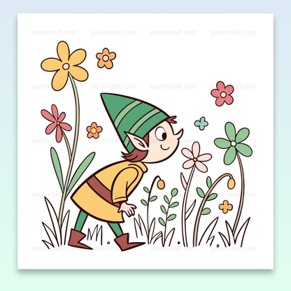 Illustration d'un lutin joyeux dans un jardin fleuri, idéal pour papeterie et DIY