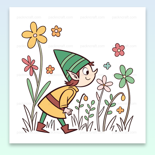 Illustration d'un lutin joyeux dans un jardin fleuri, idéal pour papeterie et DIY