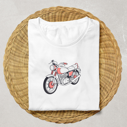 Moto vintage imprimée sur t-shirt, style rétro unique.