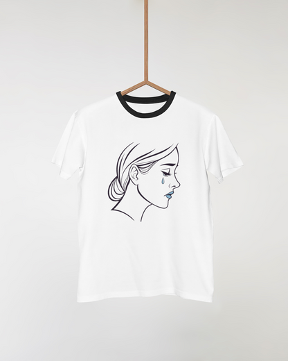 T-shirt avec motif artistique de femme mélancolique sur fond vibrant et expressif