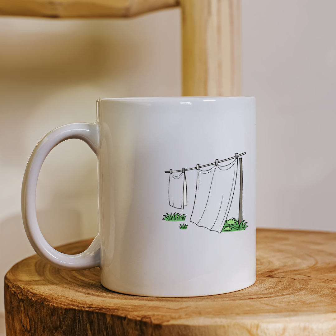 Mug minimaliste avec linge flottant au vent pour une ambiance jardin détendue