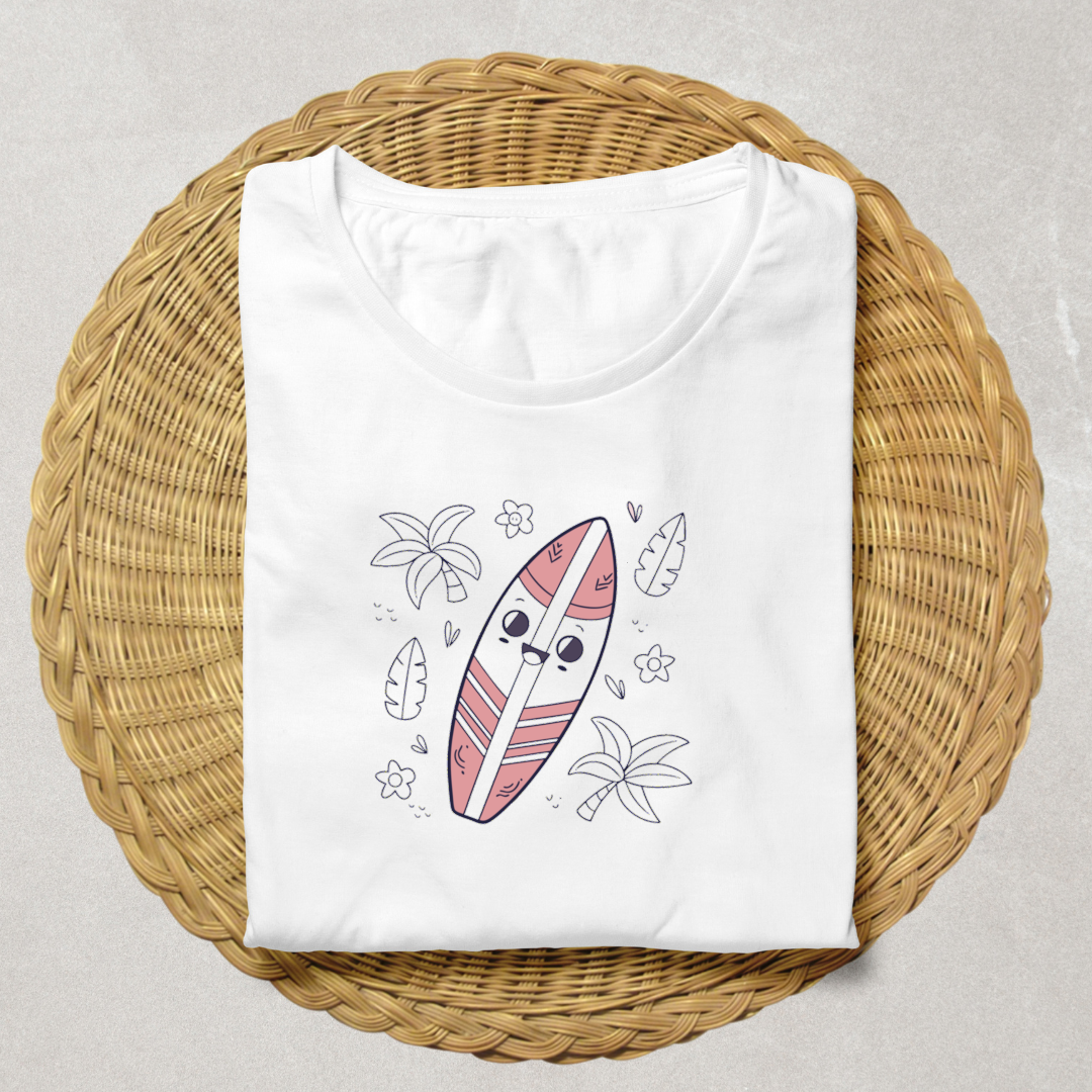 T-shirt unique avec dessin numérique de planche de surf au style tropical vibrant