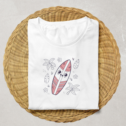 T-shirt unique avec dessin numérique de planche de surf au style tropical vibrant