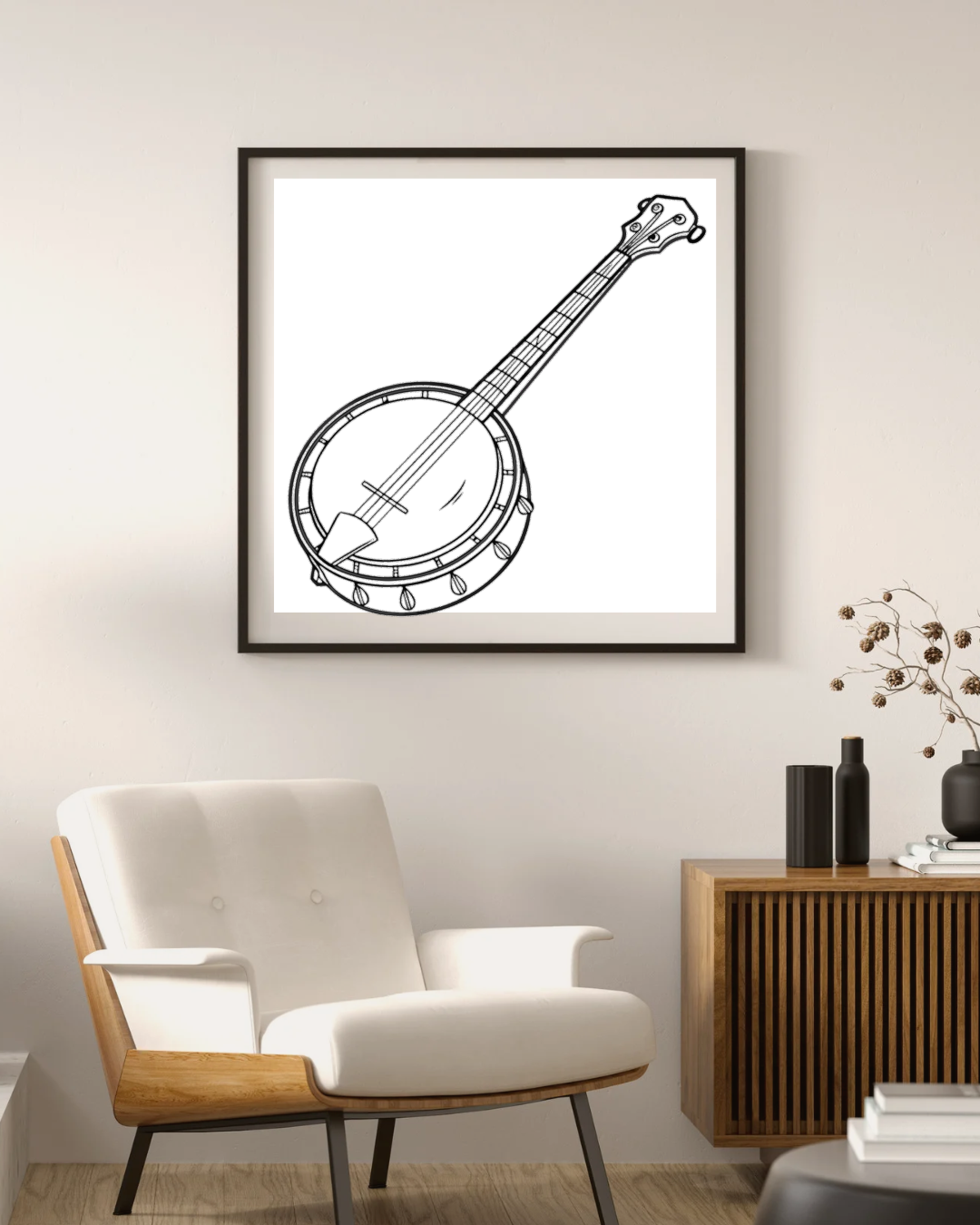 Cadre avec icône banjo minimaliste sur fond musical élégant et apaisant