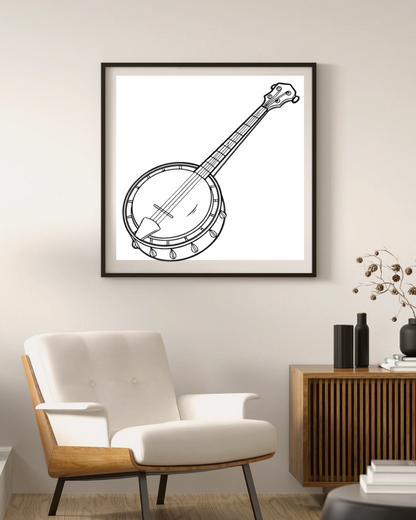 Cadre avec icône banjo minimaliste sur fond musical élégant et apaisant