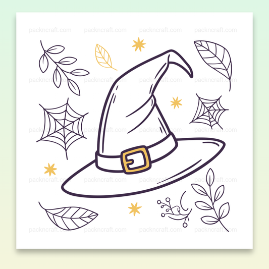 Chapeau de sorcière avec éléments illustrés, parfait pour Halloween et DIY.