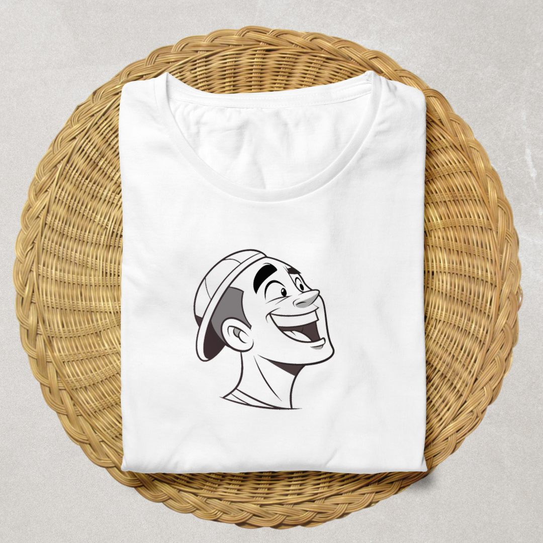 T-shirt avec homme riant en gris, design moderne, idéal pour exprimer la joie