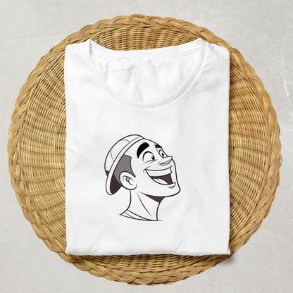 T-shirt avec homme riant en gris, design moderne, idéal pour exprimer la joie