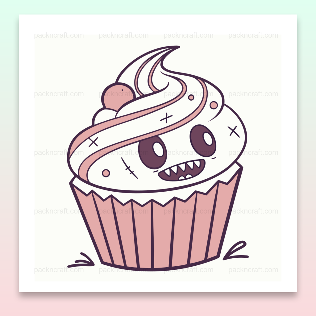 Illustration SVG de cupcake monstre souriant, parfaite pour projets DIY, papeterie et déco.