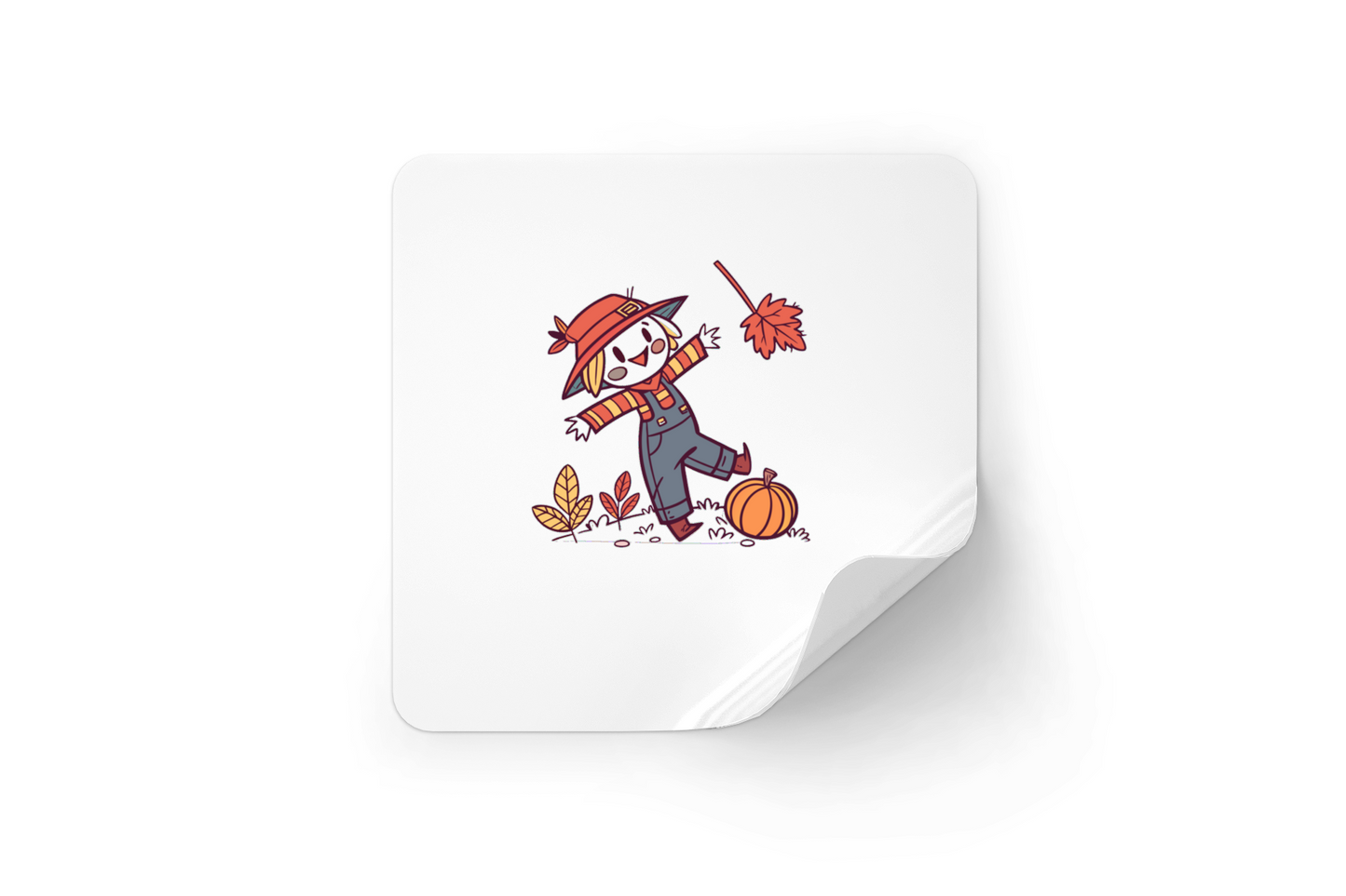 Sticker avec épouvantail joyeux et feuille au style kawaii sur fond automnal