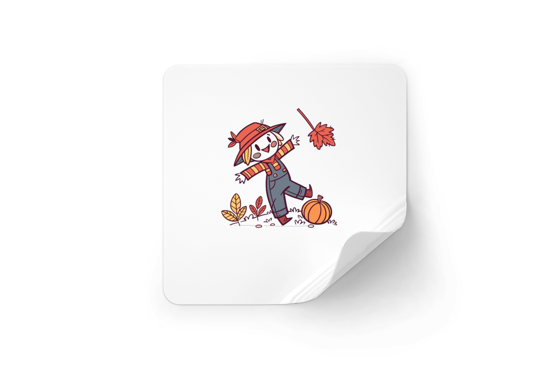 Sticker avec épouvantail joyeux et feuille au style kawaii sur fond automnal