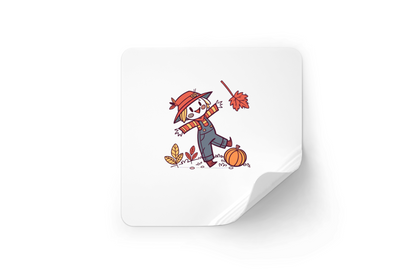 Sticker avec épouvantail joyeux et feuille au style kawaii sur fond automnal