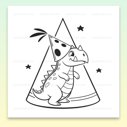 Dessin de dinosaure kawaii avec chapeau de fête et étoiles
