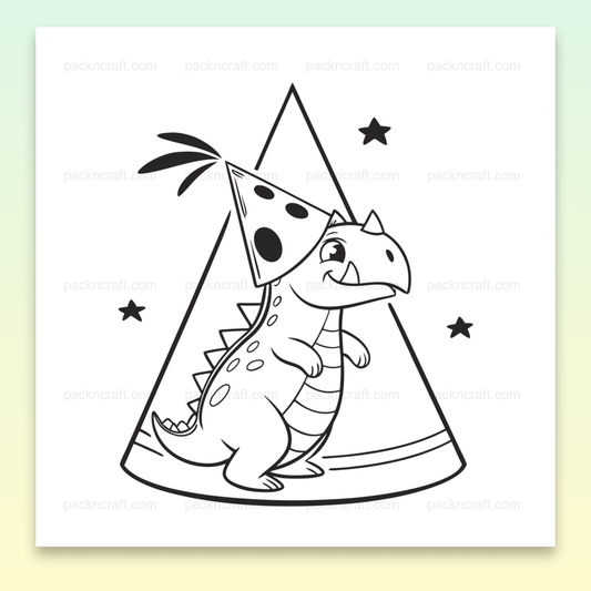 Dessin de dinosaure kawaii avec chapeau de fête et étoiles
