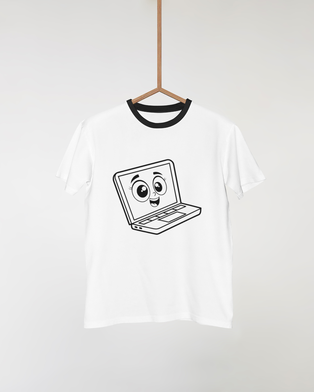 T-shirt avec visuel minimaliste d'un laptop souriant dans un style créatif