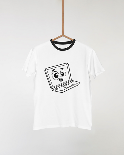T-shirt avec visuel minimaliste d'un laptop souriant dans un style créatif