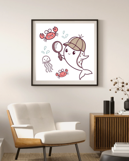 Cadre élégant avec narval kawaii en détective, idéal pour une décoration marine