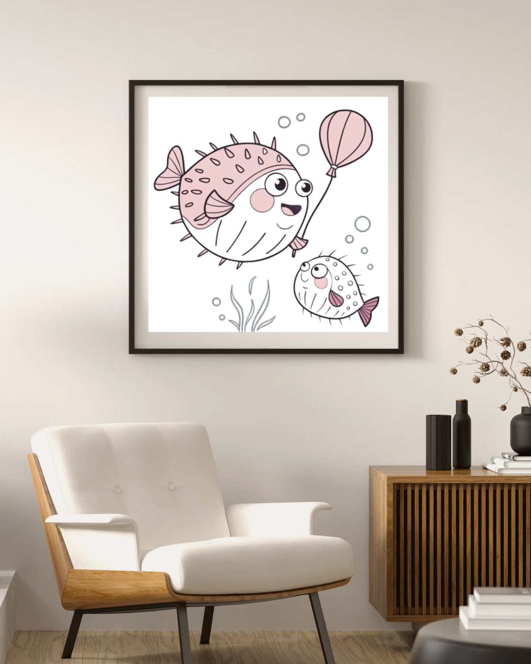 Cadre avec poisson globe joyeux et ballon, ambiance douce du monde marin