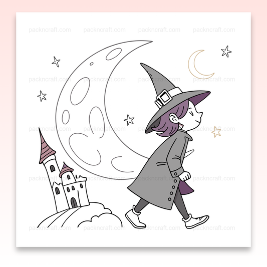 Illustration d'une jeune sorcière rêveuse sous la lune avec un château