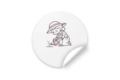 Sticker printanier avec dessin kawaii de jardinier souriant, ambiance joyeuse