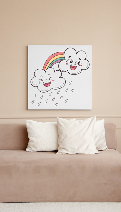 Cadre illustré avec nuages enjoués et arc-en-ciel en doodle lumineux
