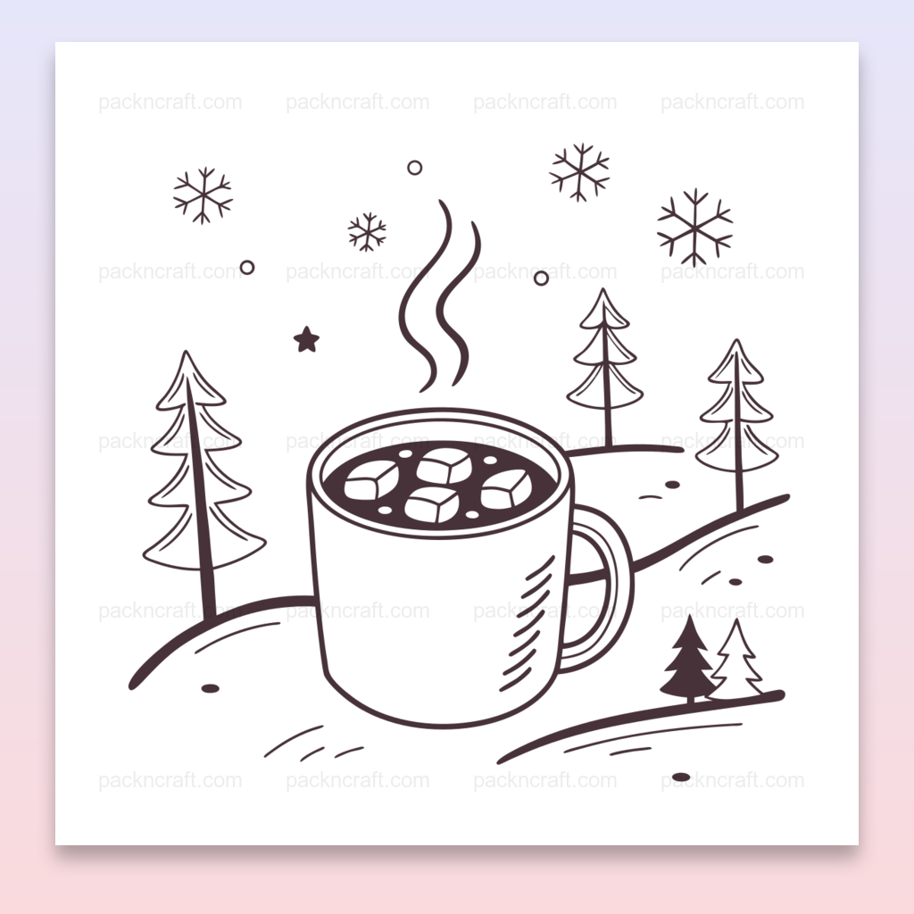 Illustration d'un chocolat chaud enneigé en style vectoriel, ambiance hiver cosy.