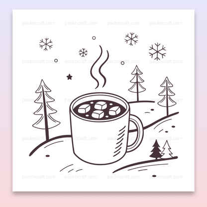 Illustration d'un chocolat chaud enneigé en style vectoriel, ambiance hiver cosy.