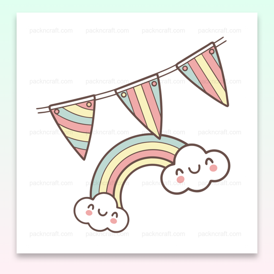 Arc-en-ciel kawaii en style pastel, parfait pour des projets créatifs.