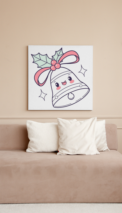 Cadre festif avec cloche de Noël dans un style Kawaii, apportant joie et couleur