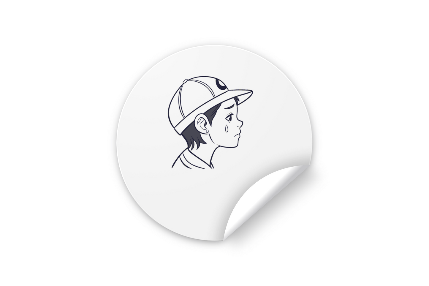 Sticker au design minimaliste d'un garçon triste, casquette abaissée, ligne émotive