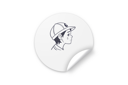 Sticker au design minimaliste d'un garçon triste, casquette abaissée, ligne émotive