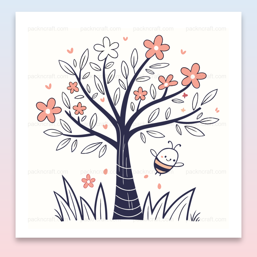 Illustration kawaii d'une abeille enjouée avec un arbre fleuri pour projets printaniers