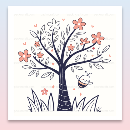 Illustration kawaii d'une abeille enjouée avec un arbre fleuri pour projets printaniers